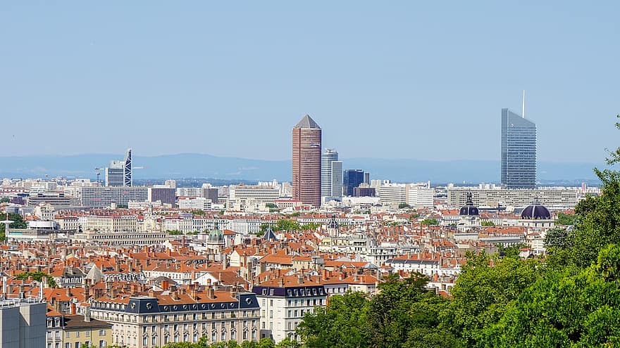 Lyon, cidade, rodovia, engarrafamento, prédios