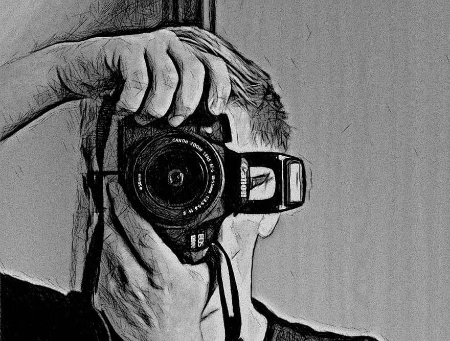 juru potret, gambar, foto, kamera, gambar pensil, lensa, lampu flash, Potret diri, mirroring, dicerminkan, tangan