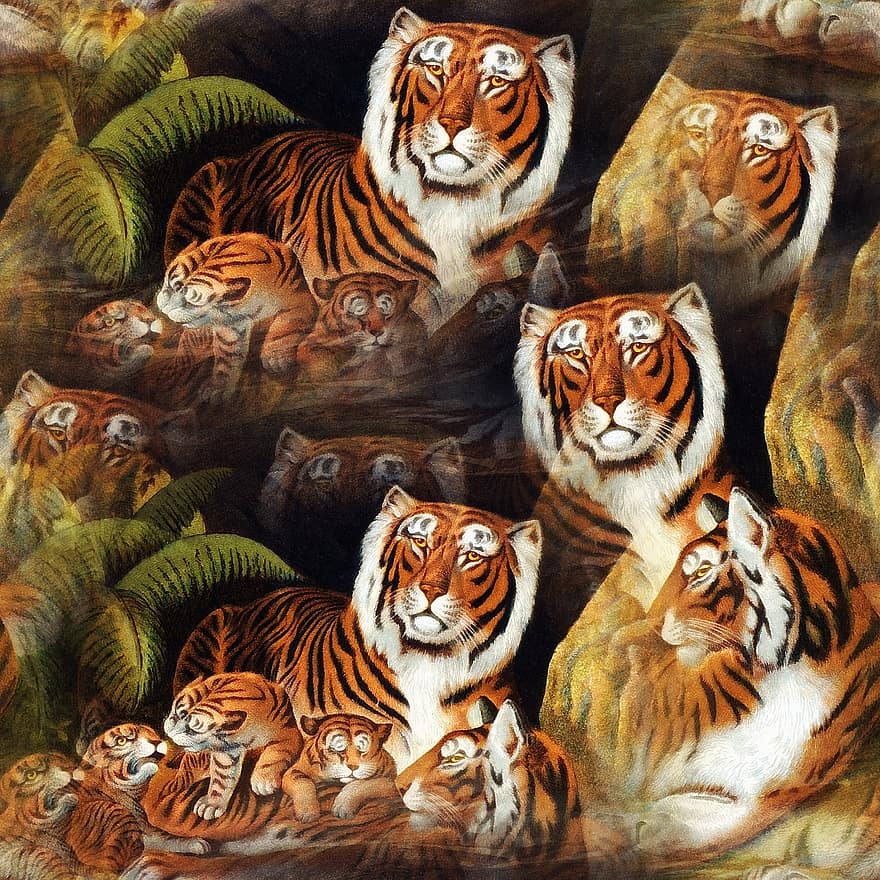 tijger, katachtig, roofdier, hoektand, grote kat, naadloos, patroon, oppervlakte, textiel, papier, behang