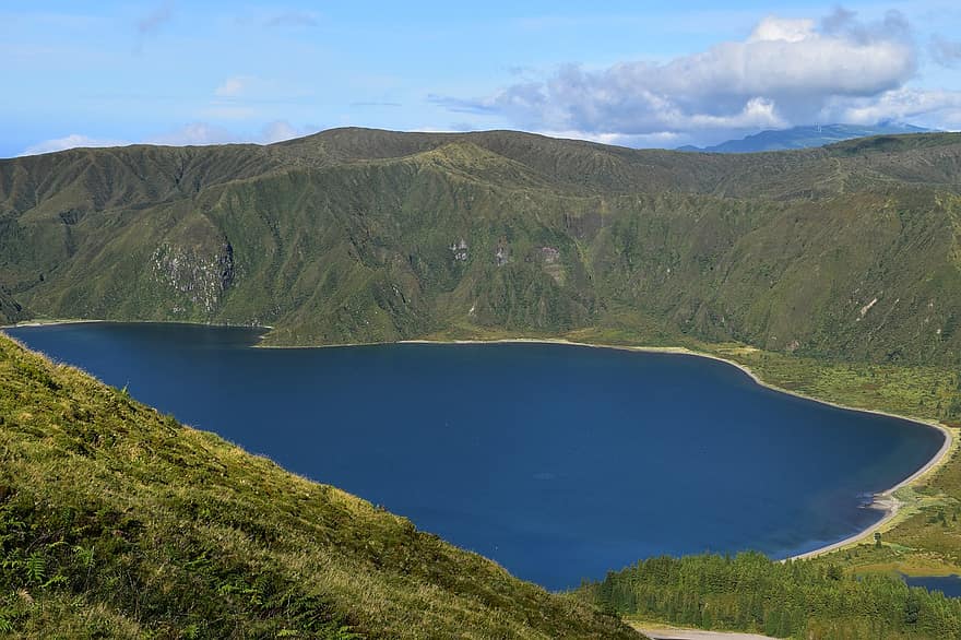 llac, llac de cràter, azores, portugal, illa, caminada, illa volcànica, naturalesa, paisatge, muntanya, blau
