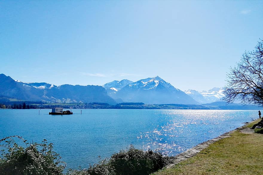 innsjø, reise, natur, utforskning, fjellene, landskap, Lake Thun, Alpene, vann, fjell, blå