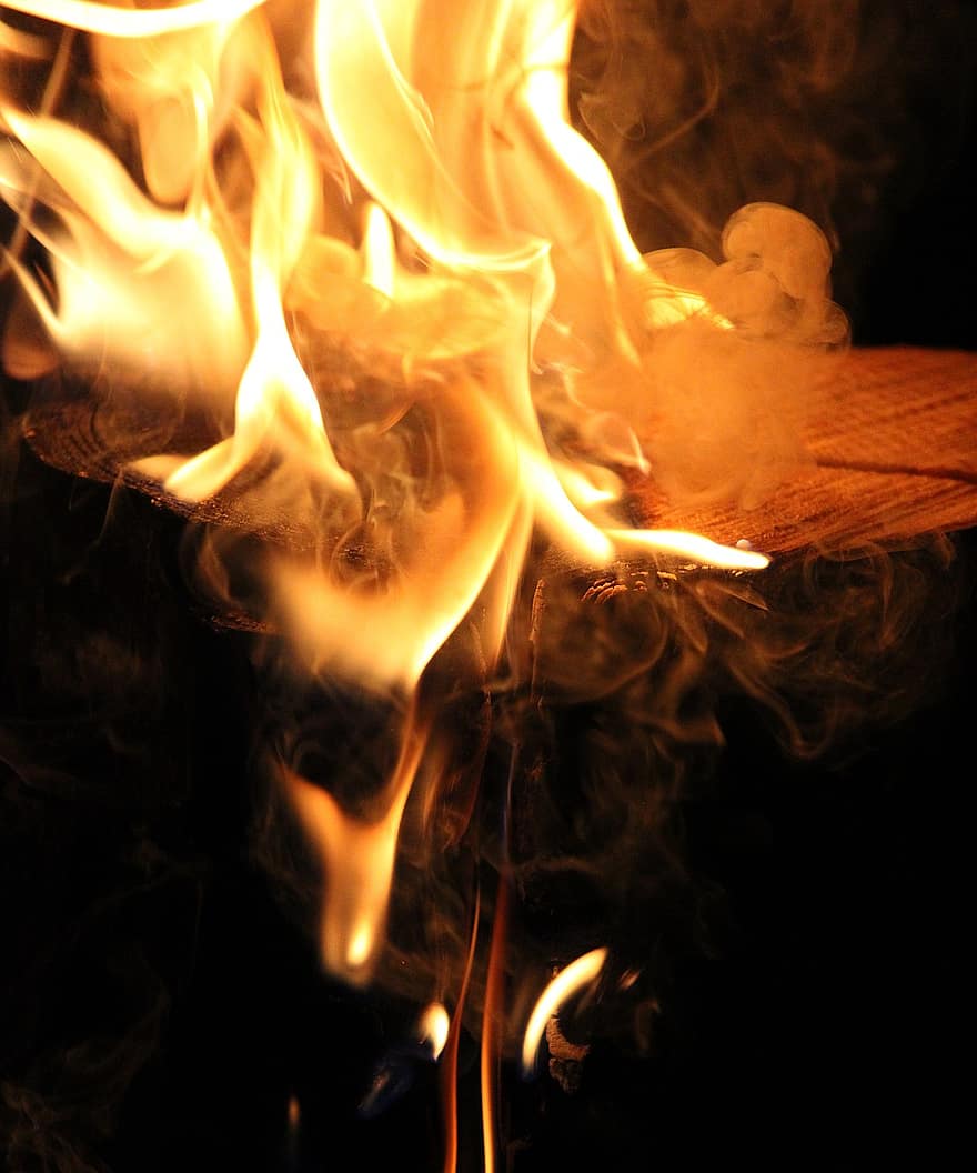 Fire, Flames, Log Candle, Lumberjack Candle, Wood, Smoke, Burning, Warm, Dark, flame, natural phenomenon