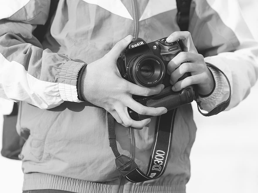 caméra, la photographie, homme, noir et blanc, photographe, appareil photo reflex, Nikon