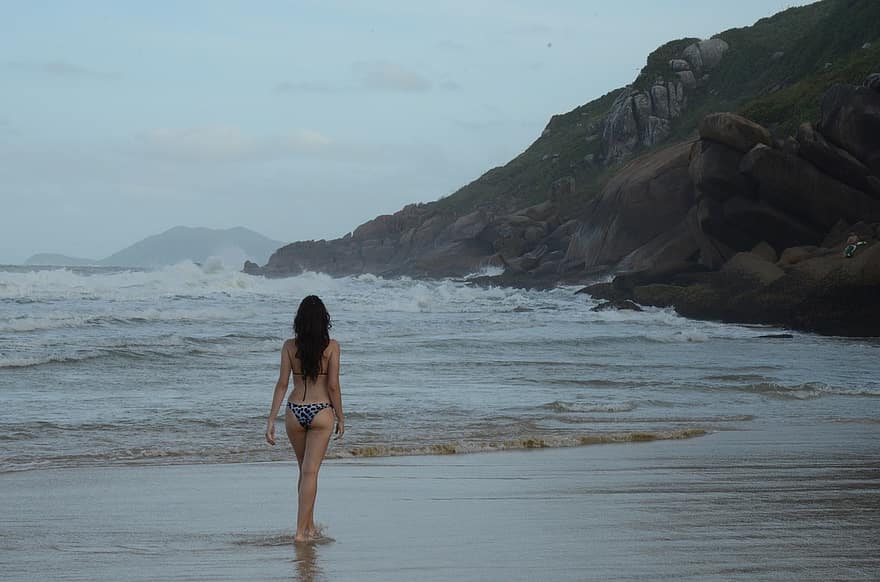 παραλία, γυναίκα, κορίτσι, τοπίο, συνεφιασμένη μέρα, μοντέλο, Βραζιλία, σώμα, στάση, κομψότητα, ταξίδι