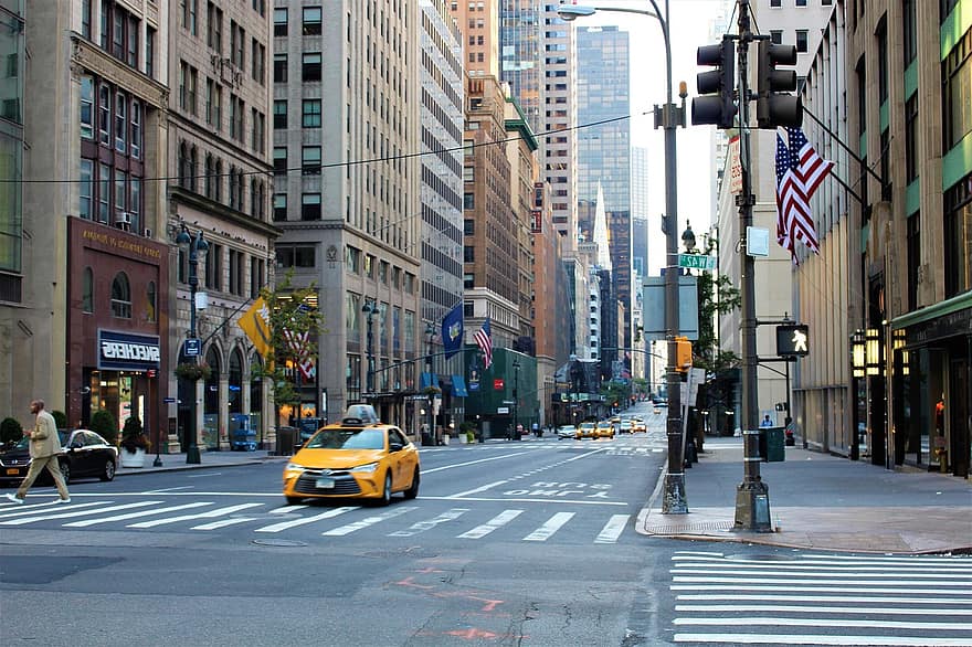 EUA, nyc, Amèrica, Manhattan, groc, taxi, 5è, avinguda, ciutat, vista