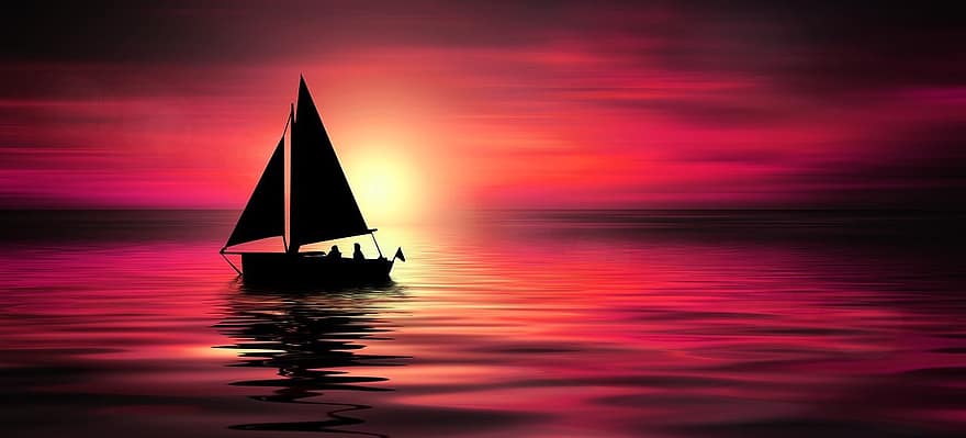 zonsondergang, zee, zeilboot, boot, water, Golf, zon, avond, abendstimmung, atmosfeer, cool behang