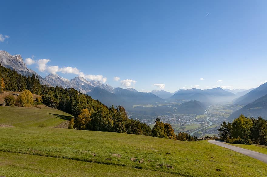 montañas, Valle, Alpes, hierba, prado, cielo, Tirol, nubes