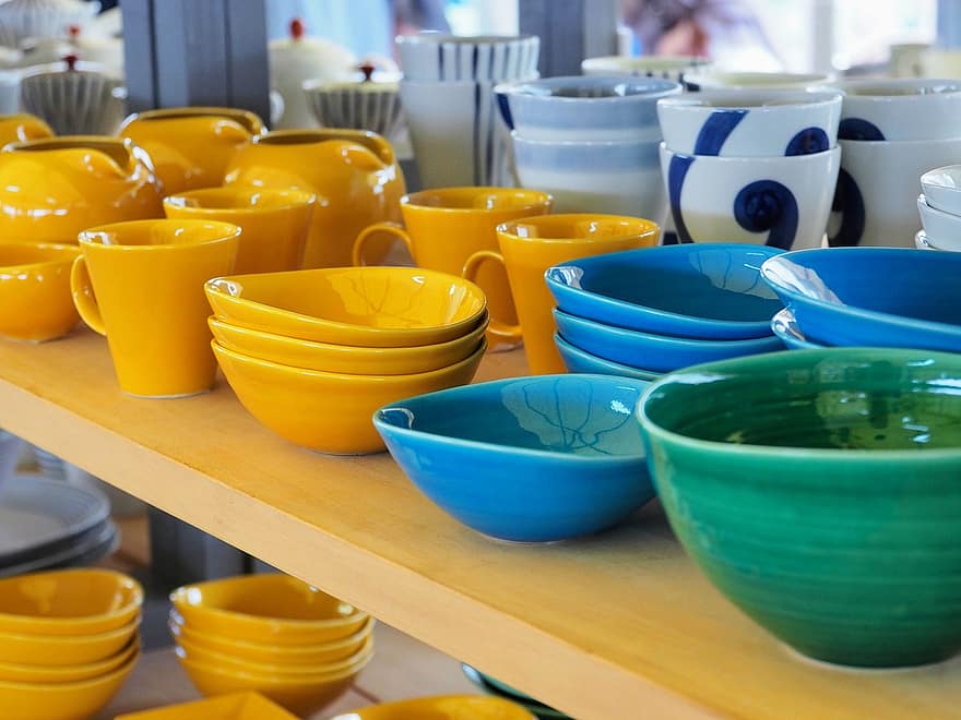 керамика, прибори за хранене, чиния, чаша, цветен, чайник, халба, купа, глинени съдове, многоцветни, едър план