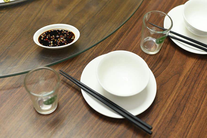 skål, spisepinde, china skål, restaurant, bord, sovs, asiatisk, porcelæn, træ, tæt på, mad