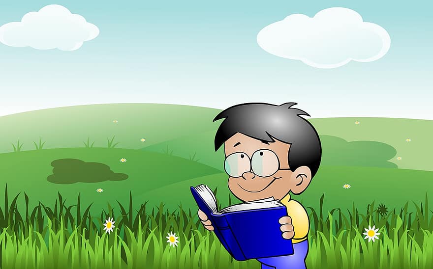 ребенок читает, детка, книга, ребенок, концепция, наслаждаться, цветок, дом, трава, зеленый, счастье