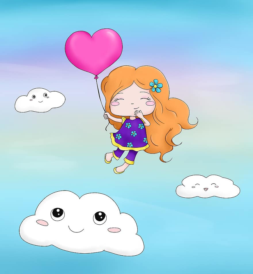 noia, dibuixos animats, feliç, enamorat, núvols, cel, volant, globus, cor, jove, gent