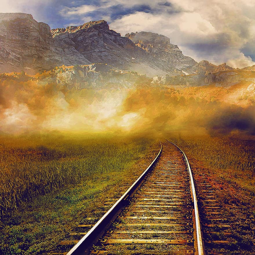 Vías de tren, ferrocarril, fondo, papel pintado, nubes, naturaleza, desierto
