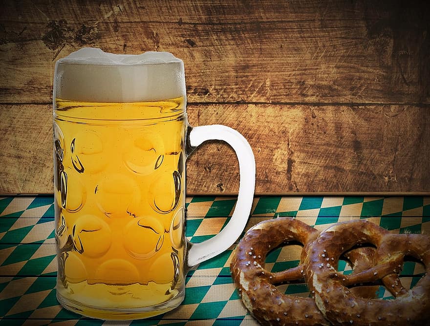オクトーバーフェスト、ビール、プレッツェル、バイエルン、ビールグラス、ozapftは、木材、白、青、ビアガーデン、伝統