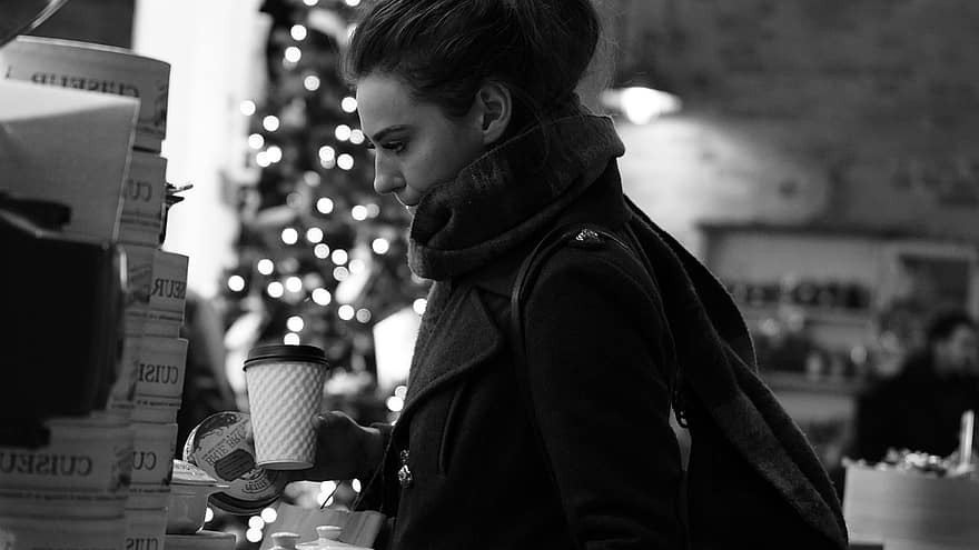 жінка, кава, пити, шарф, зима, покупки, Різдво, один чоловік, спосіб життя, дорослий, чоловіки