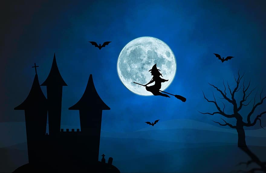 noita, kuu, yö-, linna, siluetti, halloween, taivas, pelottava, luuta, noituus, lentäminen