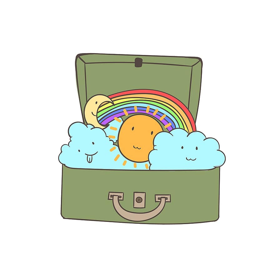 bagasje, skyer, regnbue, sol, måne, smil, ansikt, koffert, fargerik, lykkelig, søt