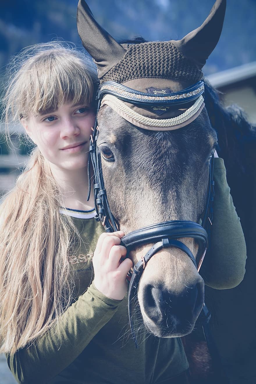 Horse, Girl, Friends, Pony, Saddle Horse, Riding Pony, Brown Horse, Bridle, Animal, Equine, Love