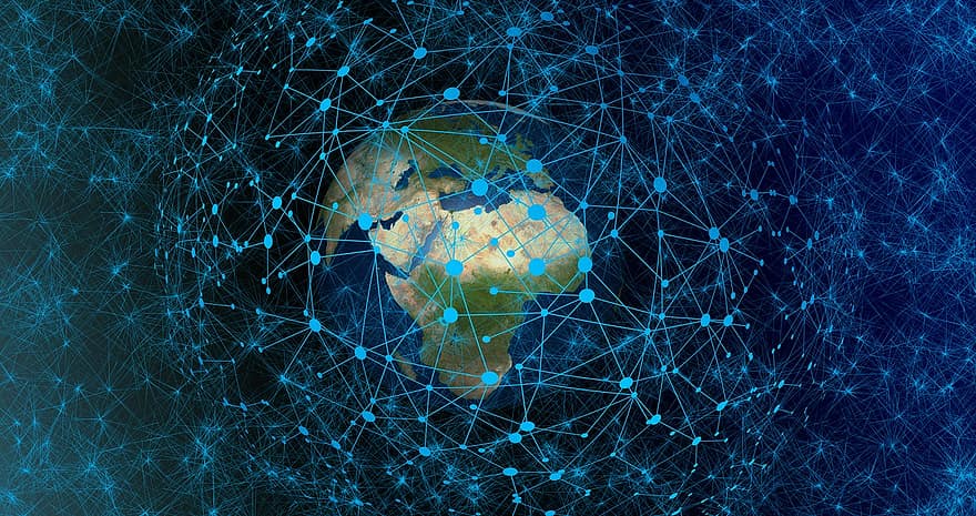 systeem, web, netwerk, wereldbol, Europa, Afrika, Azië, verbinding, verbonden, met elkaar, samen