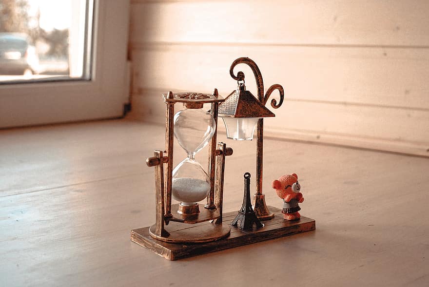 figurine, oră de sticlă, ceas, timp, primăvară, lemn, clepsidră, de modă veche, antic, vechi, a închide