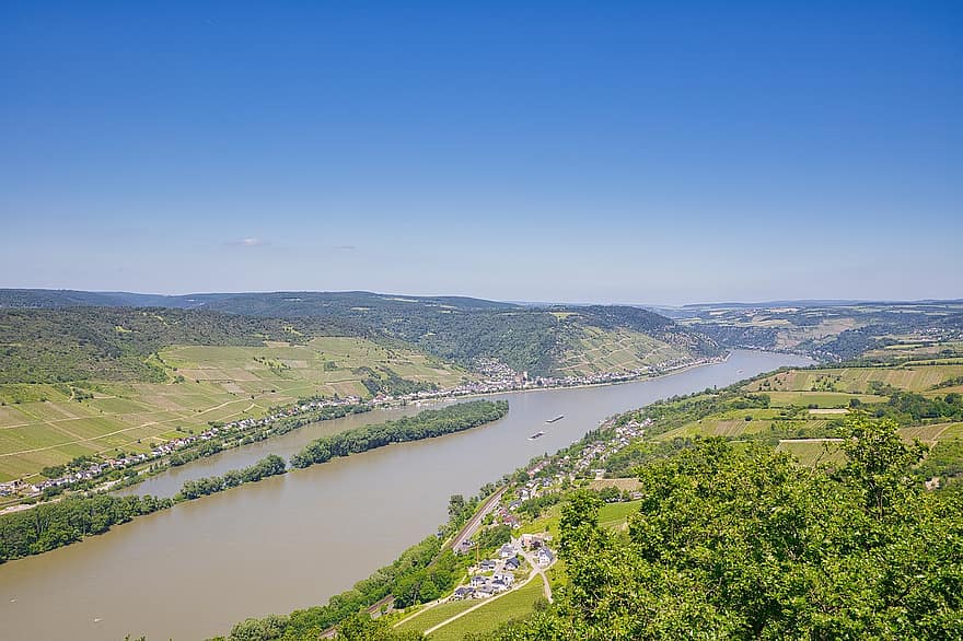 joki, Rein, kaupunki, panoraama, Reinin laaksossa, luonto, maisema, luonnonkaunis, kenttiä, horisontti, taivas