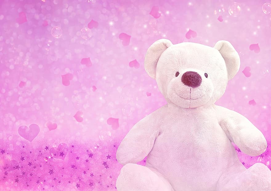 Valentine's Day, Greeting Card, Teddy Bear, Stuffed Toy, Pink, Hearts, Bokeh, Copy Space, Stuffed Animal, Thank You