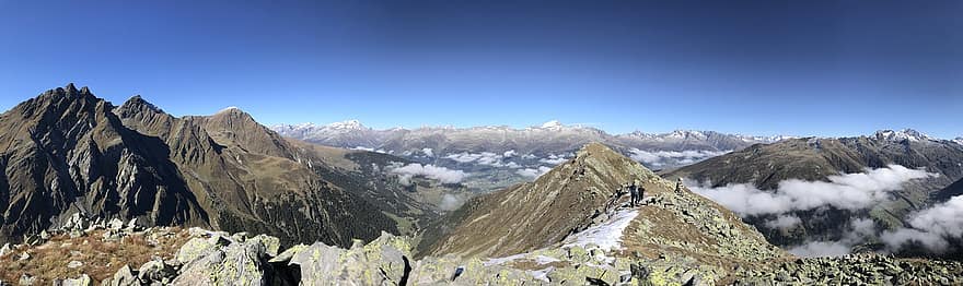 Панорама из Piz Ault, альпийский маршрут, Альпы, ходить, небо, верхушки, экскурсии, пеший туризм, горы, природа, облака