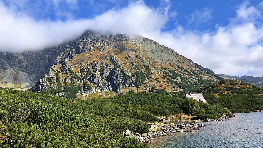 Tatras, munţi, lac, tatry, natură, decor, pădure, copaci, peisaj, nori