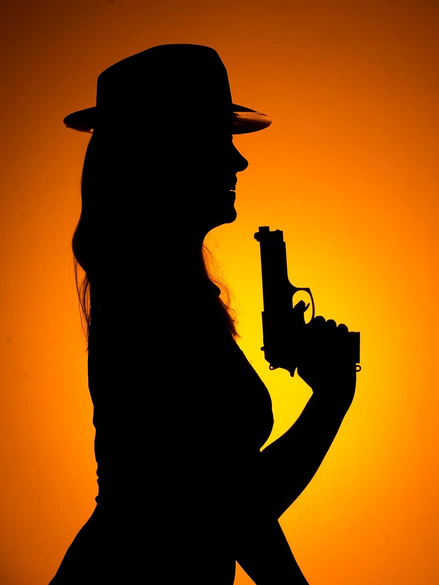 niña, pistola, mujer, silueta, hembra, disparar, arma