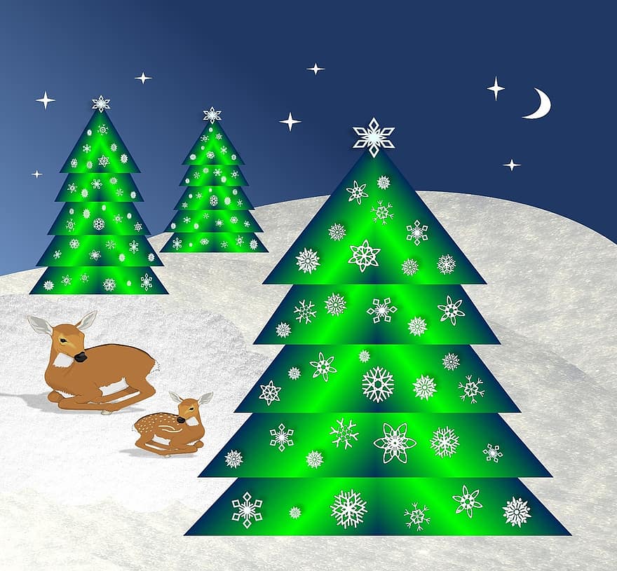 Noel, ağaçlar, kar, Kar taneleri, geyik, Geyik yavrusu, dişi geyik, gökyüzü, gece, ay, yıldızlar