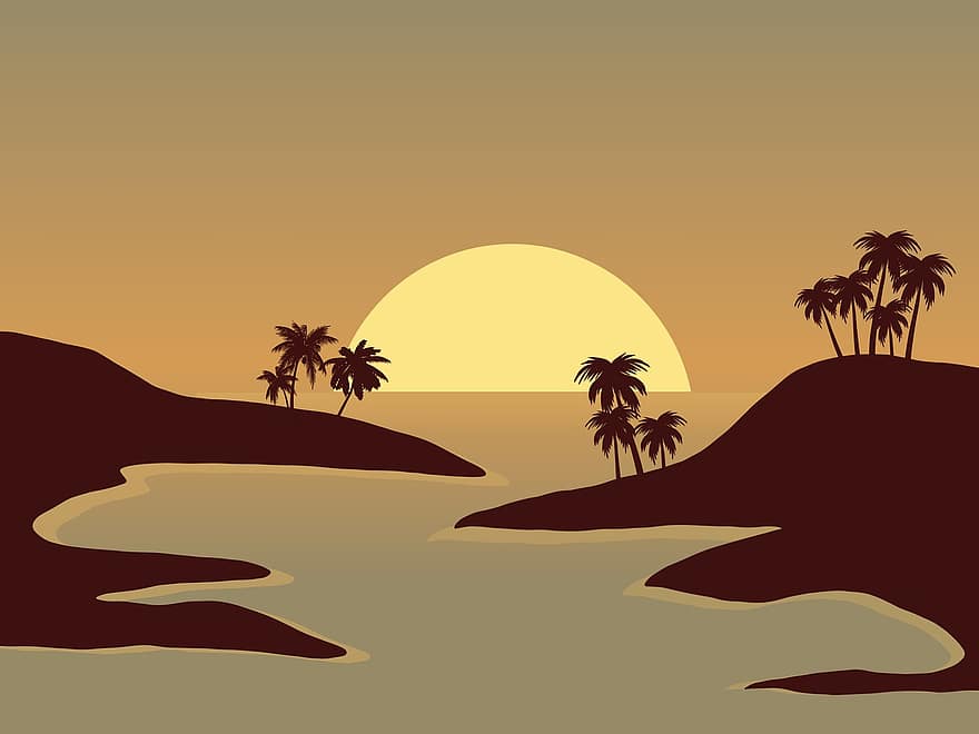 silueta, puesta de sol, paisaje, palma, naturaleza, Dom, agua, lago, oscuridad