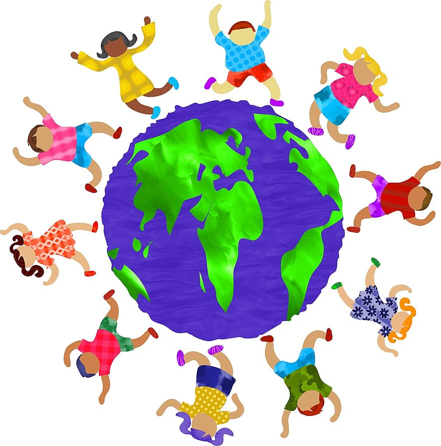emberek, gyerekek, gyermekek, csoport, közösség, sokféleség, barátok, világ, világszerte, Internet, utazás