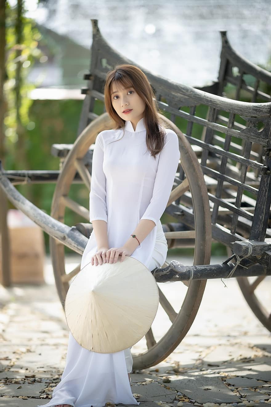 ao dai, móda, žena, vietnamština, Vietnamské národní šaty, White Ao Dai, kuželovitý klobouk, tradiční, Krásná, pěkný, dívka