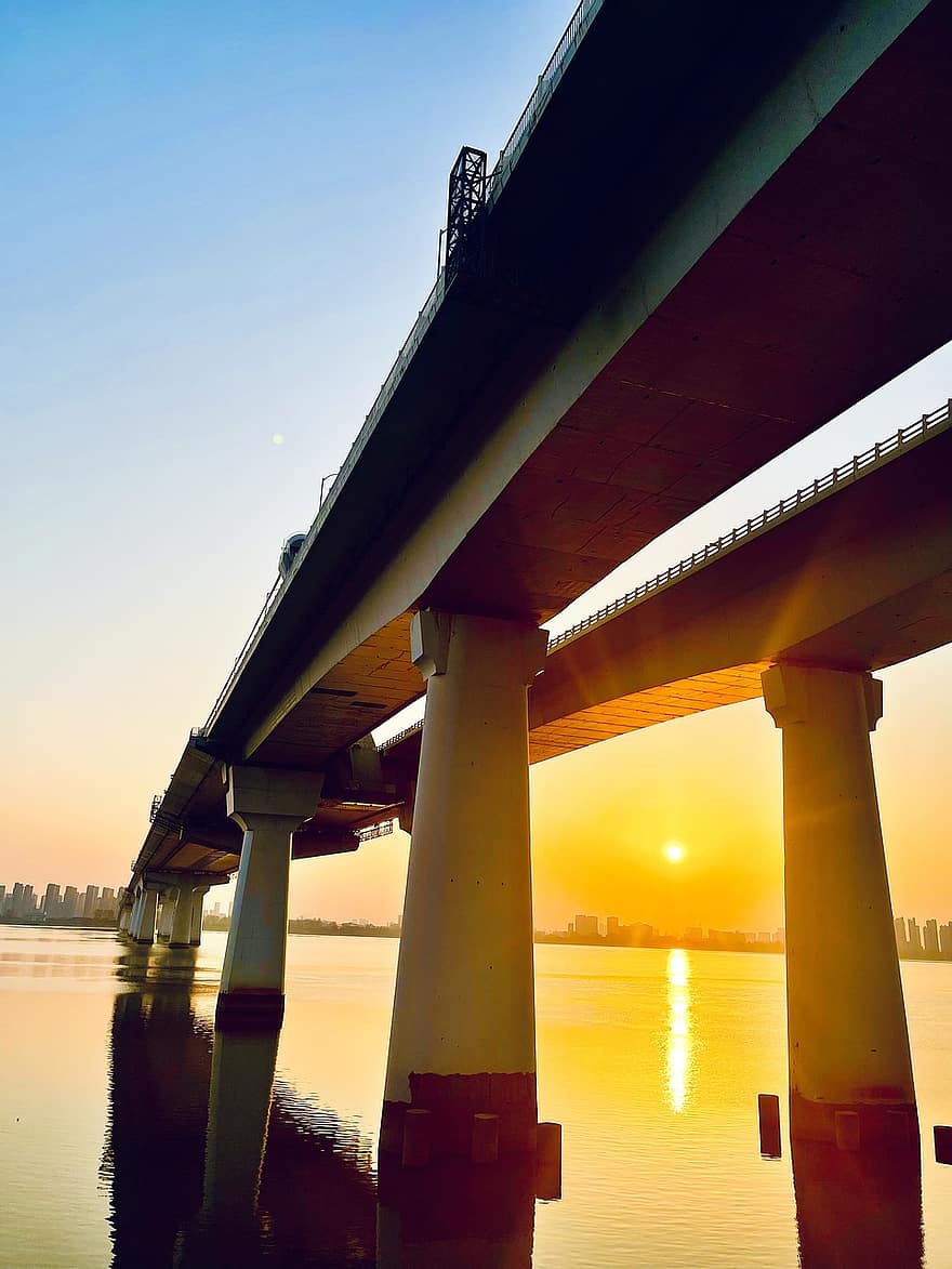 le coucher du soleil, pont, rivière Qiantang, rivière, Soleil, lumière du soleil, eau, réflexion, Chine