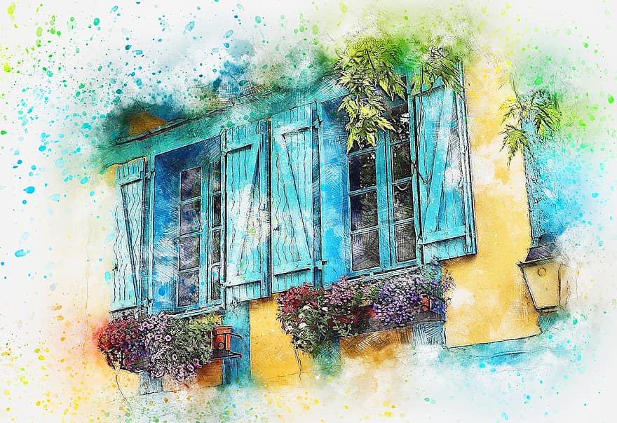 Balkon, Blumen, Fenster, Kunst, Aquarell, Natur, Jahrgang, künstlerisch, Design, Farbspritzer, digitale Kunst