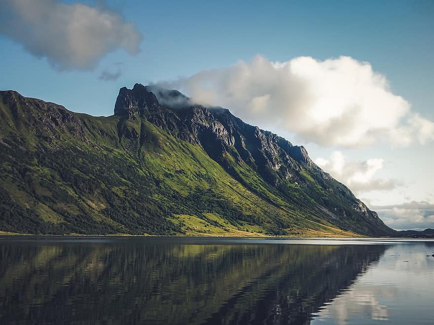 montagne, lago, riflessione, fiordo, Norvegia, paesaggio, natura, cielo, Scandinavia, viaggio