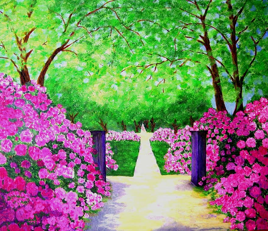 rododendro, parque, arvores, perenes, flores, pintura, imagem, arte, cor, artisticamente, pintura de imagem