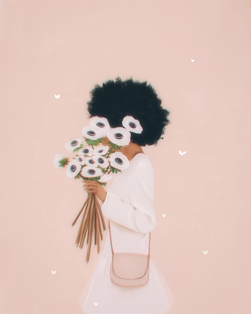 vrouw, bloemen, mode