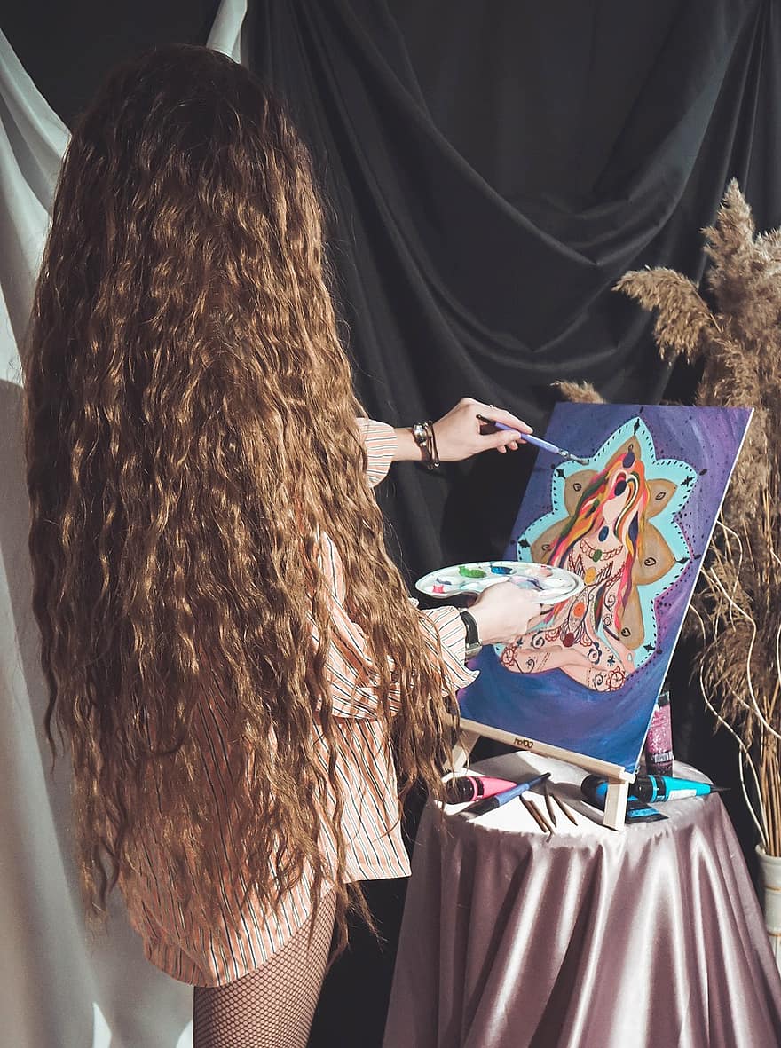 молодая женщина, волосы, Рисование, картина, акварель, создание, художник, женщины, творческий подход, кисть, для взрослых