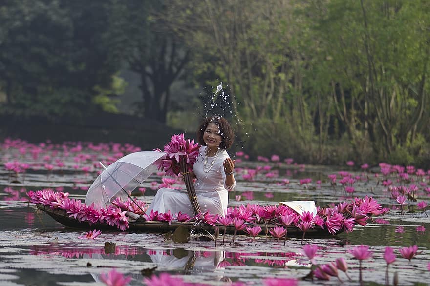 lotussen, bloemen, vrouw, witte jurk, paraplu, roze bloemen, lotusbloemen, waterlelies, bloeien, bloesem, bloemblaadjes