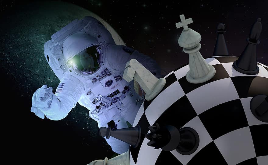 шахматы, цифры, космонавт, пространство, Луна, планета, шахматная доска, мяч, стратегия, шахматные фигуры, настольная игра