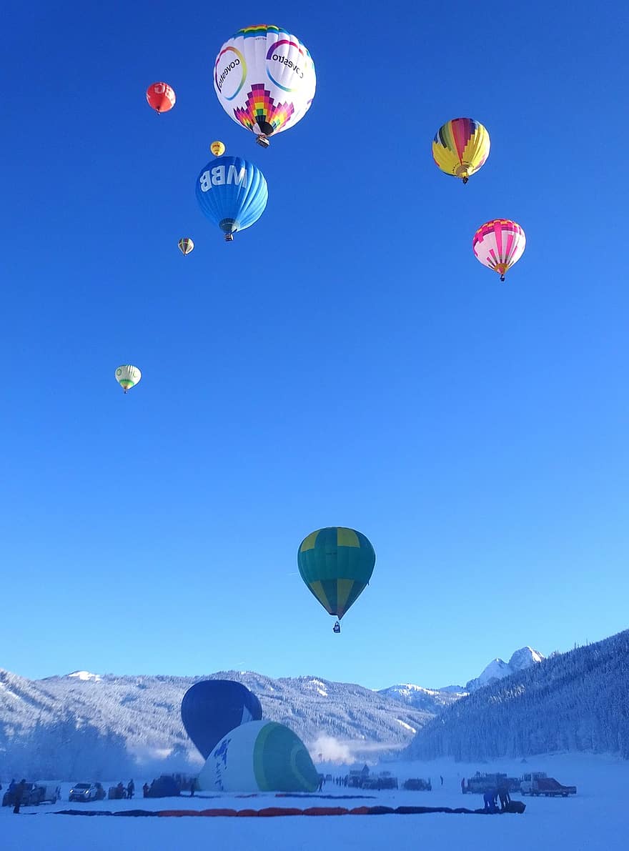 varmluftsballonger, flyg, vinter-, snö, ballonger, rida, bergen, landskap, natur, vintrig