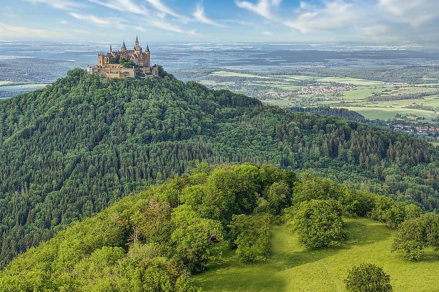 Hohenzollern, kastély, hegy, panoráma, fák, erdő, dombtető, középkorú, tájékozódási pont, történelmi, vonzerő