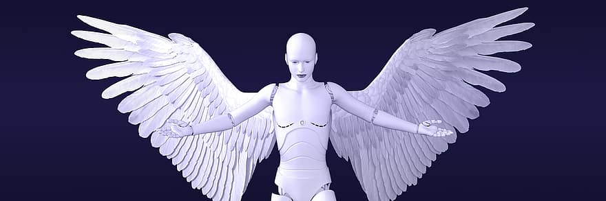 ángel, cyborg, futurista, personaje, robótico