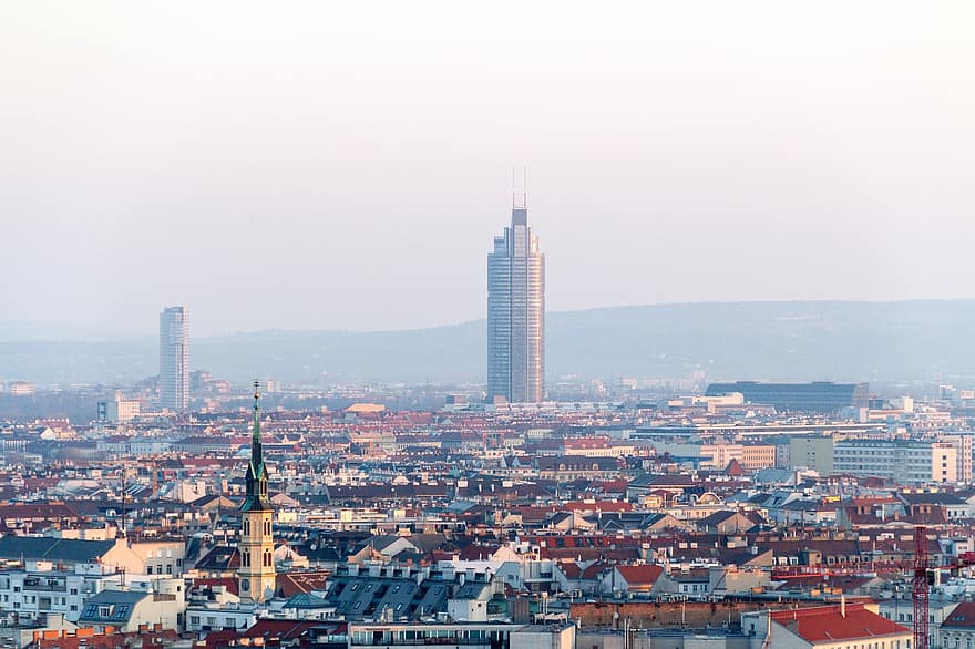Áustria, torre do milênio, viena, paisagem urbana, cidade, skyline, arquitetura, urbano, por do sol, torre