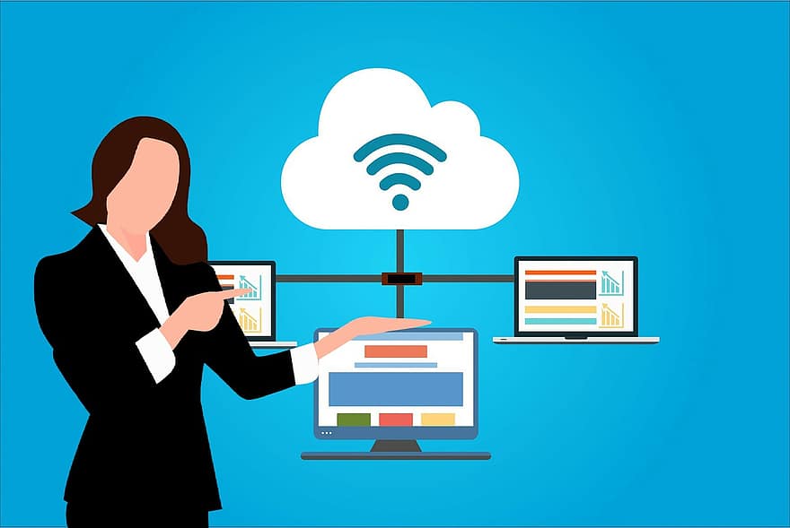 Cloud computing, système en nuage, nuage, système, l'Internet, concept de cloud computing, la communication, l'informatique, La technologie, femme, il