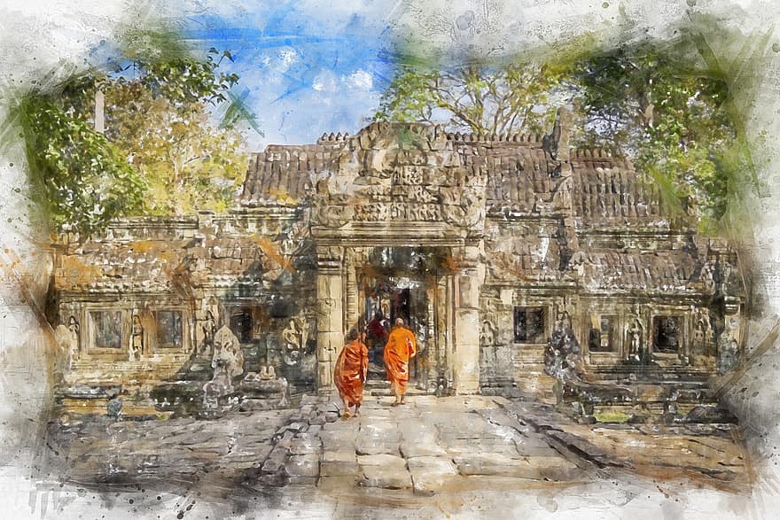 Cambodja, Angkor Wat, tempel, Azië, architectuur, ruïneren, khmer, fotokunst, tekening