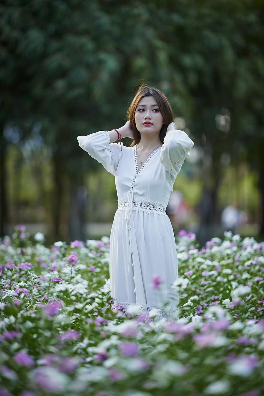 Asian, Park, Background, Spring, Fashion, Romantic, Outdoors, Dress, Happiness, Flower, Countryside