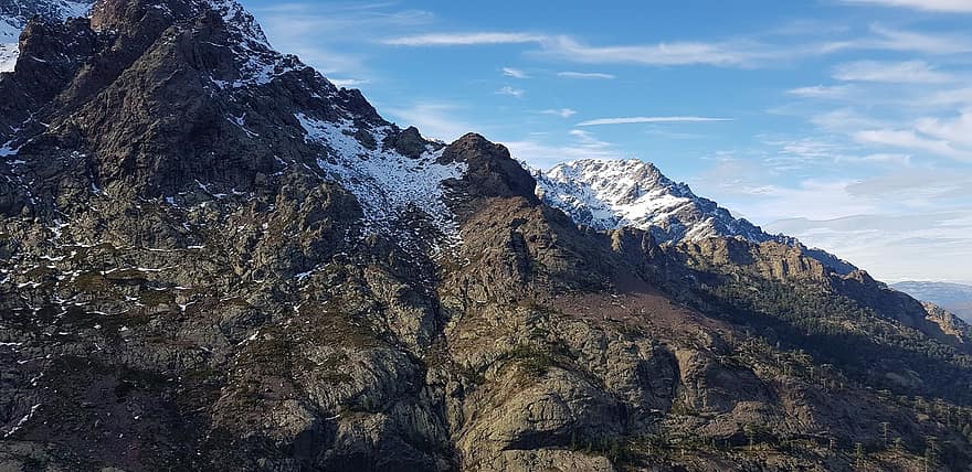 Berg, Gipfel, Schnee, Landschaft, Natur, felsig, Korsika, ascó, maquis