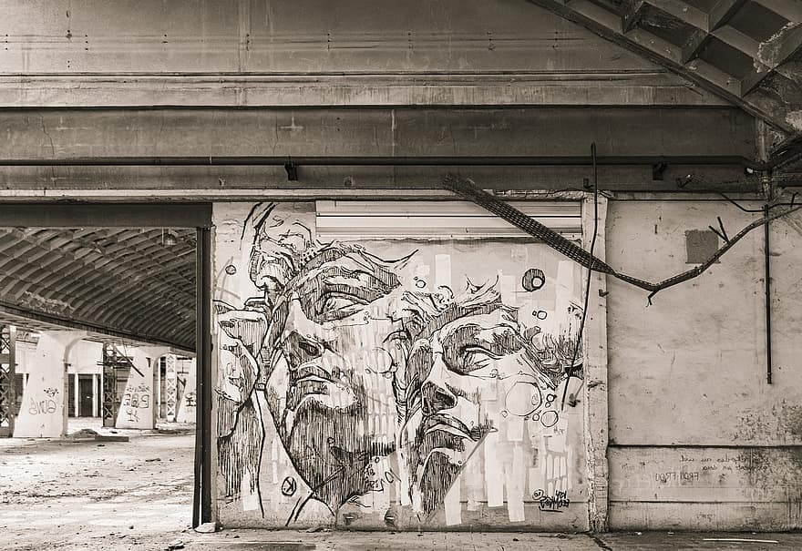 usine abandonnée, graffiti, art de rue, entrepôt abandonné