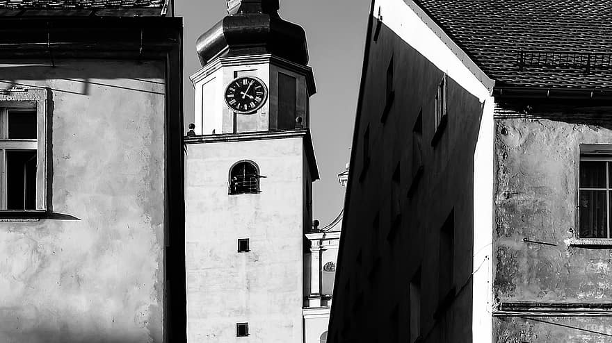 Torre, orologio, edifici, monocromatico, tempo, cittadina, architettura, vecchio, finestra, esterno dell'edificio, bianco e nero
